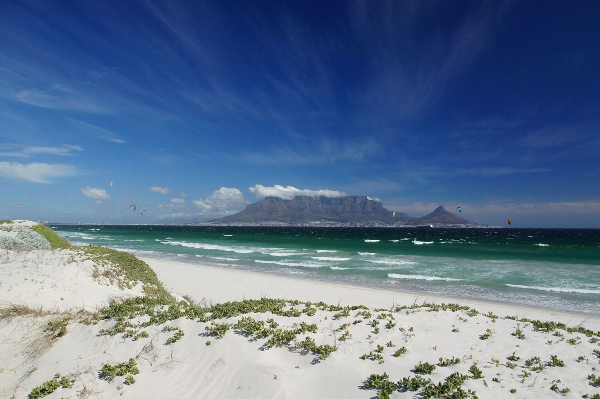 Dunes at Bloubergstrand with Table Mountain on the horizon, Cape Town