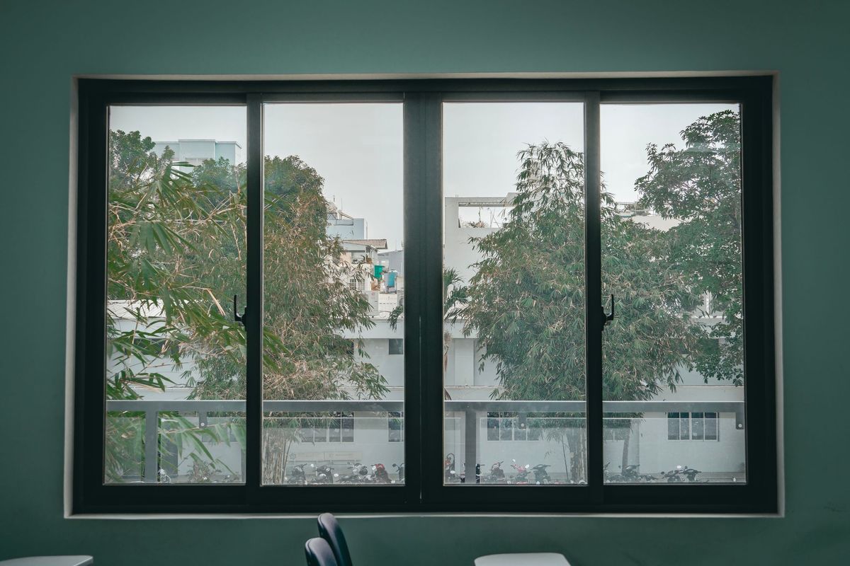 Black aluminium sliding windows set in a dark green wall, trees beyond the glass